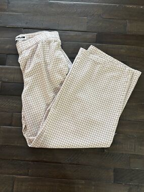 Harlow Cottage-Core Beige Gingham Elastic-Waist Chinos Cotton Mix Sz S